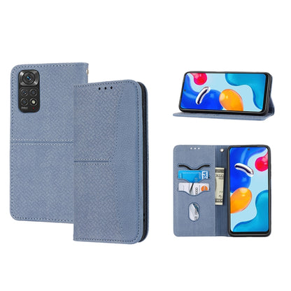Woven texture magnetic PU leather phone case in light grey-blue, flip stand with card slots