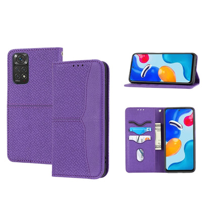 Woven texture magnetic PU leather phone case in purple, flip stand with card slots