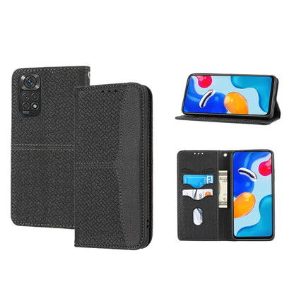 Woven texture magnetic PU leather phone case in dark grey, flip stand with card slots