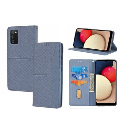 Blue woven-texture folio phone case with magnetic flap, card slots, and stand