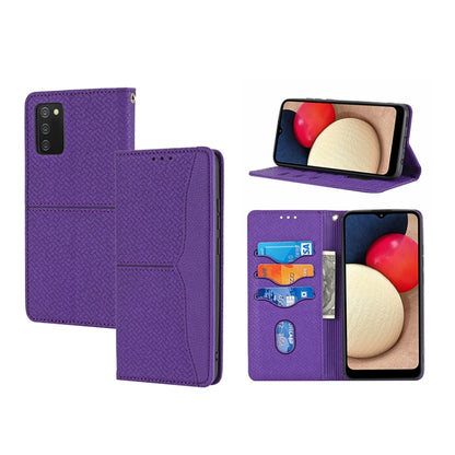Purple woven-texture folio phone case with magnetic flap, card slots, and stand