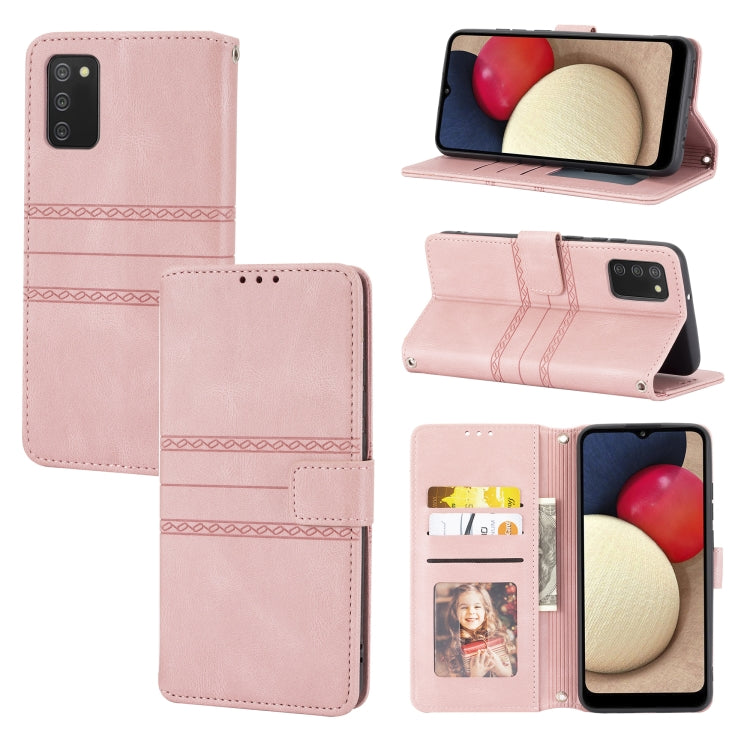 Pink embossed striped magnetic flip leather phone case with card slots and stand.