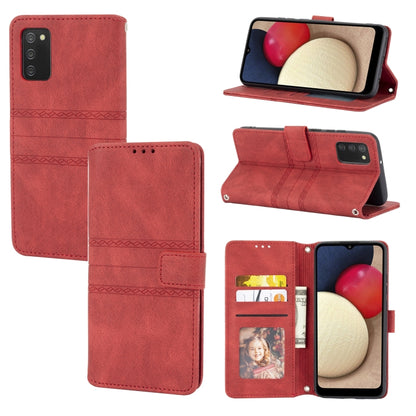 Red embossed striped magnetic flip leather phone case with card slots and stand.