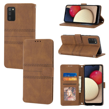 Brown embossed striped magnetic flip leather phone case with card slots and stand.