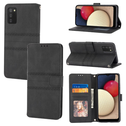 Dark gray embossed striped magnetic flip leather phone case with card slots and stand.