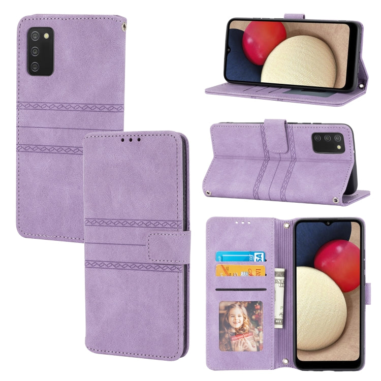 Light purple embossed striped magnetic flip leather phone case with card slots and stand.