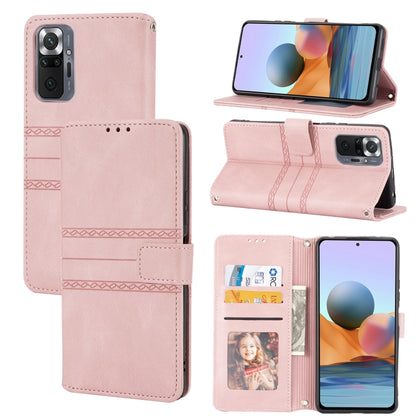 Pink embossed striped magnetic flip phone case with card slots and wrist strap