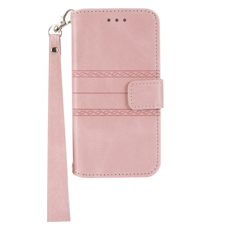 Pink horizontal flip phone case with magnetic clasp and wrist strap