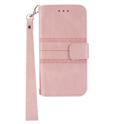 Pink horizontal flip phone case with magnetic clasp and wrist strap