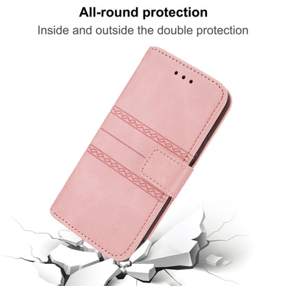 Pink flip phone case with magnetic closure and embossed stripe pattern