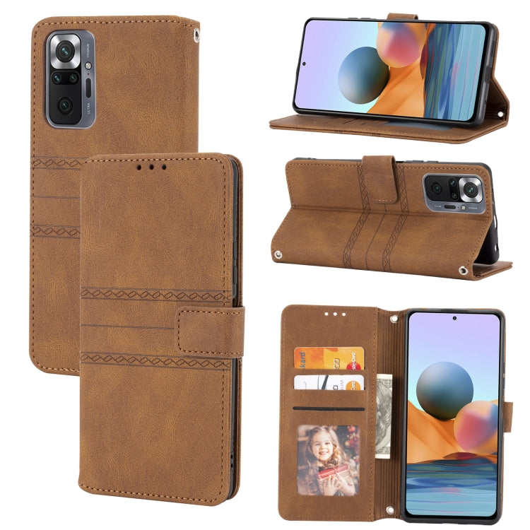 Brown embossed striped magnetic flip phone case with card pocket and stand