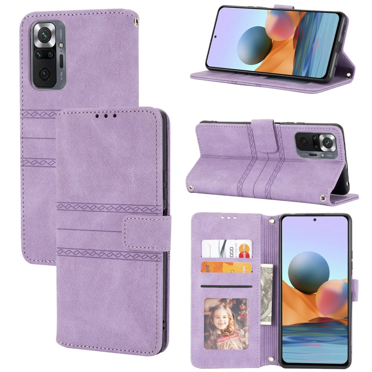 Lavender embossed striped magnetic flip leather phone case with card slots and stand.