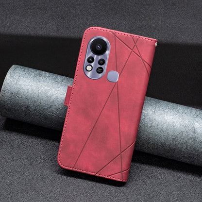 Magnetic leather phone case, red with rhombus pattern, camera cutout, and card strap