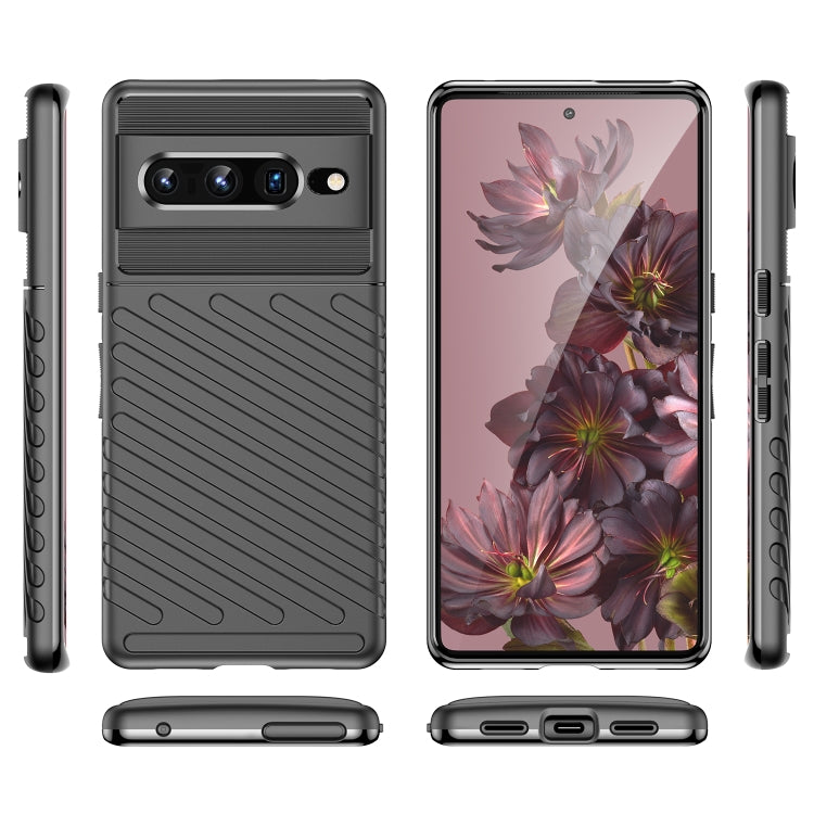 Black shockproof TPU phone case shown front, back, and side with camera cutouts