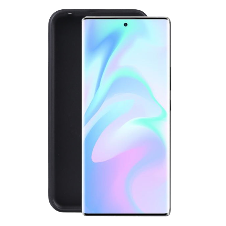Black TPU phone case covering a smartphone with cutouts and raised edges