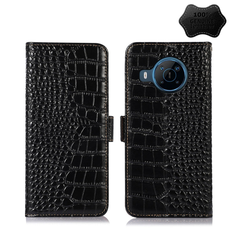 Black crocodile-texture leather flip phone case with magnetic clasp, card holder