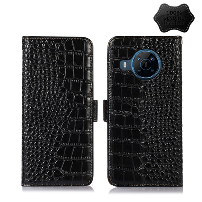 Black crocodile-texture leather flip phone case with magnetic clasp, card holder
