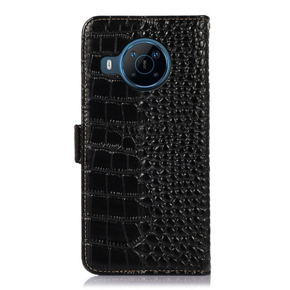 Black crocodile-texture leather flip phone case with camera cutout