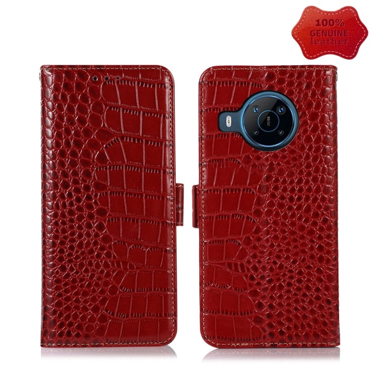 Crocodile-texture leather flip phone case, red, magnetic closure and camera cutouts