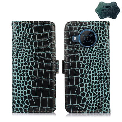 Teal crocodile-pattern leather wallet phone case with flip cover and camera cutout