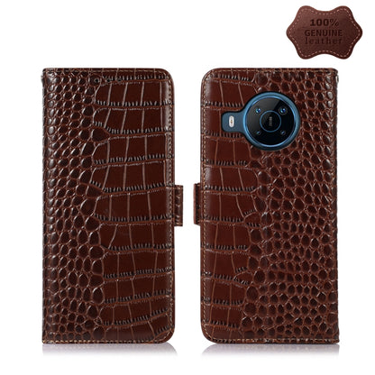 Crocodile-textured leather phone case with flip cover, brown, with camera cutout
