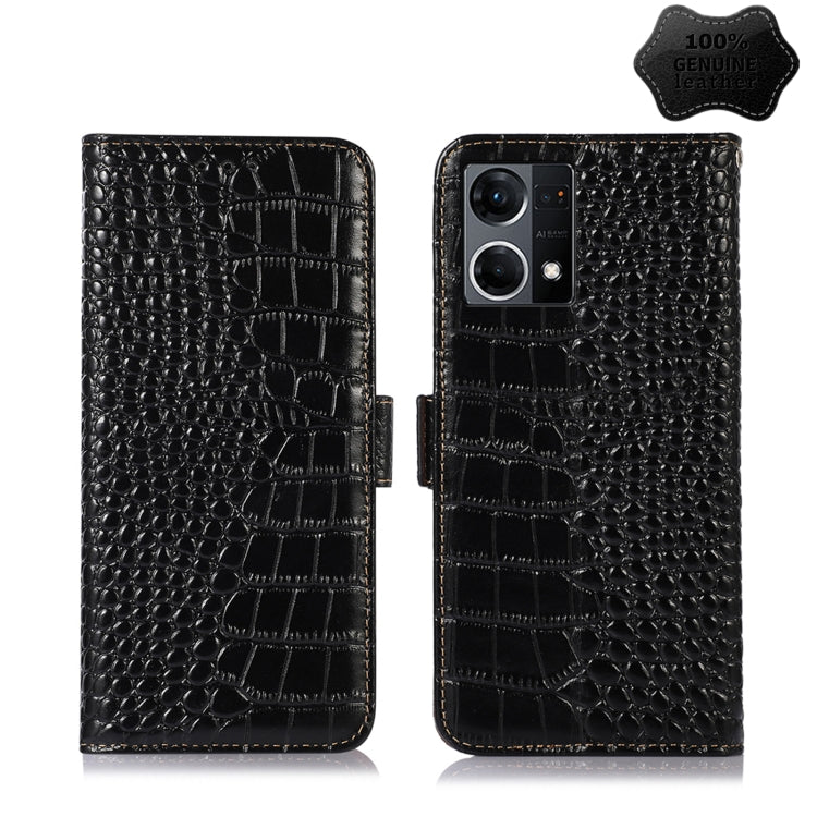 Black crocodile-texture leather flip phone case with magnetic clasp and camera view