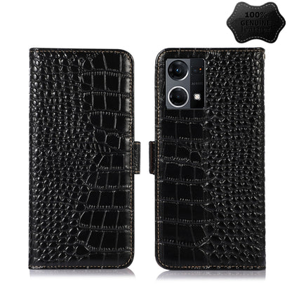 Black crocodile-texture leather flip phone case with magnetic clasp and camera view