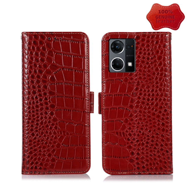 Crocodile-texture leather flip phone case, red, back with camera cutouts