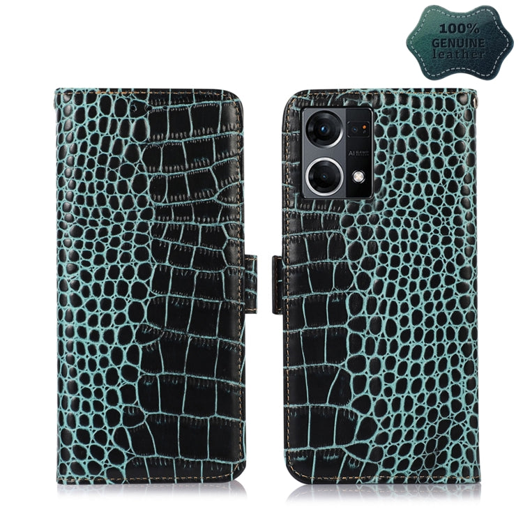 Teal crocodile-pattern leather wallet phone case with flip cover and camera openings