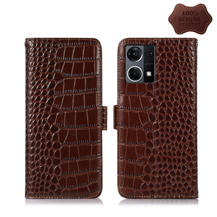Crocodile-textured leather phone case with flip cover, brown, dual camera cutout