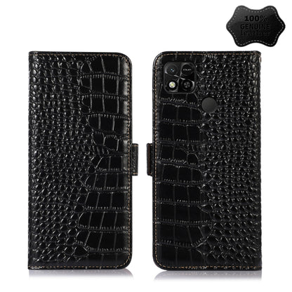 Black crocodile-texture leather flip phone case with magnetic clasp and round finger loop