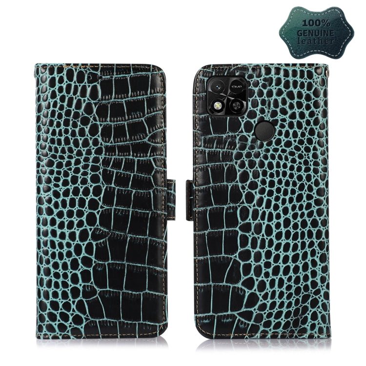 Teal crocodile-pattern leather wallet phone case with flip cover and round camera cutout