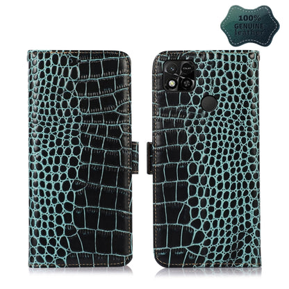 Teal crocodile-pattern leather wallet phone case with flip cover and round camera cutout