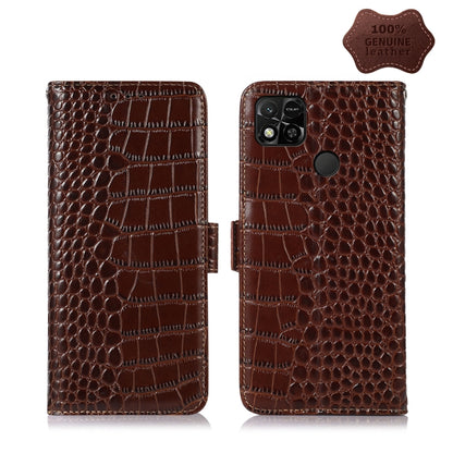 Crocodile-textured leather phone case with flip cover, brown, triple camera cutout