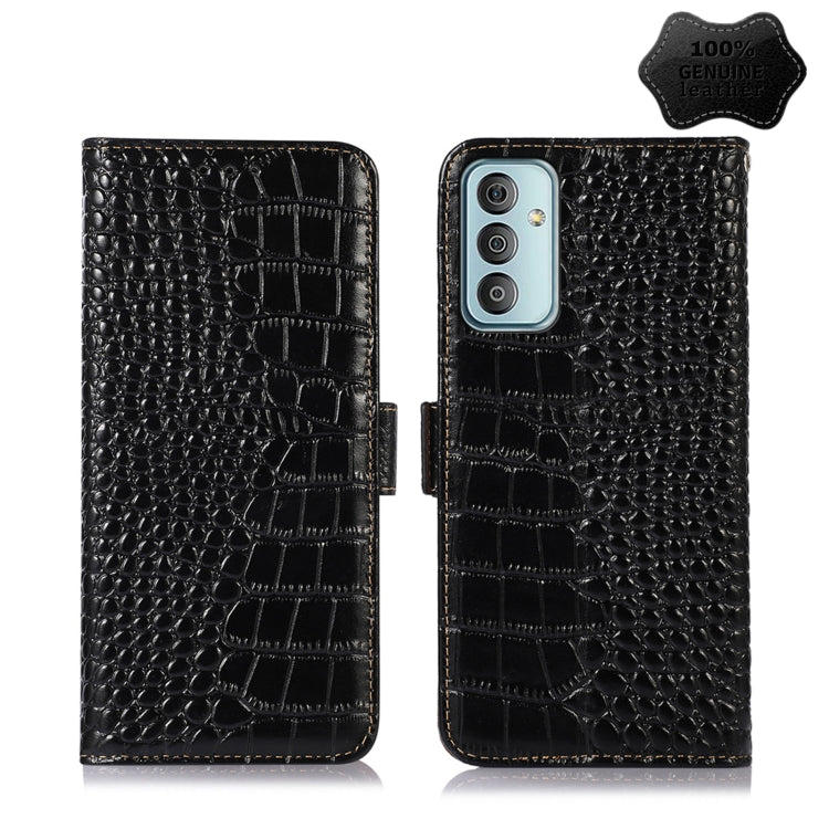 Black crocodile-texture leather flip phone case with camera cutout and badge seal