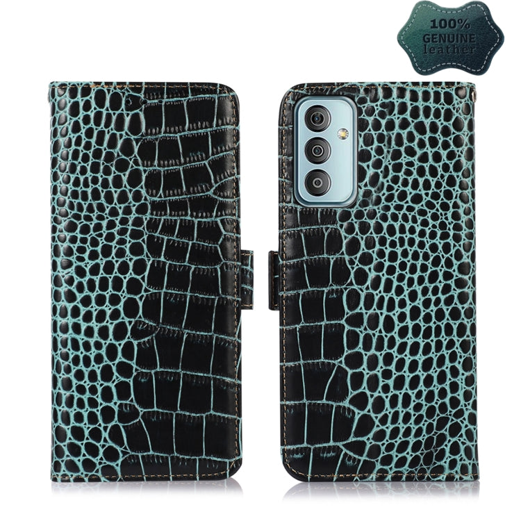 Crocodile-textured leather phone case with flip cover, teal and black, camera cutout