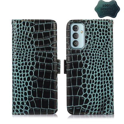 Crocodile-textured leather phone case with flip cover, teal and black, camera cutout
