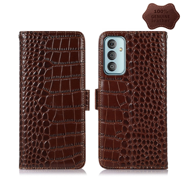 Brown crocodile-embossed leather phone wallet case with magnetic flip and rear camera cutout