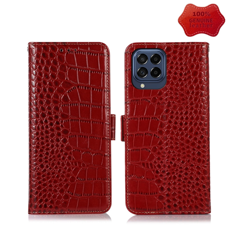 Red crocodile-pattern leather wallet phone case with flip cover and multi-camera cutout