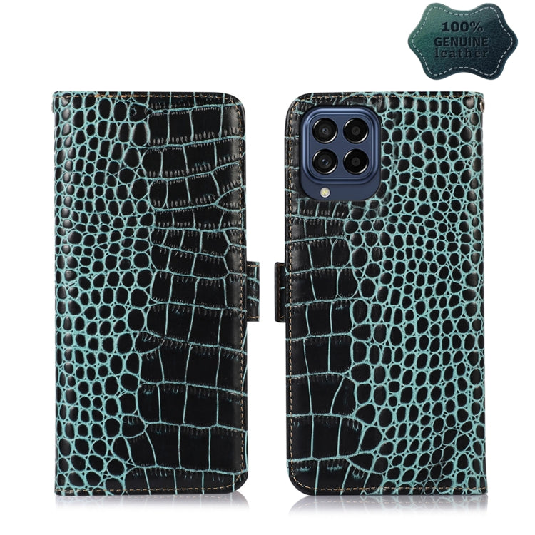 Crocodile-textured leather phone case with flip cover, teal and black, quad camera cutout
