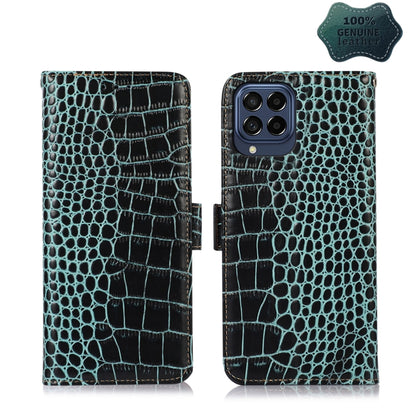 Crocodile-textured leather phone case with flip cover, teal and black, quad camera cutout