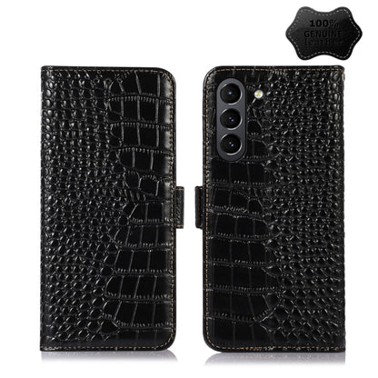Crocodile-texture leather flip phone case, black, with camera cutouts on back