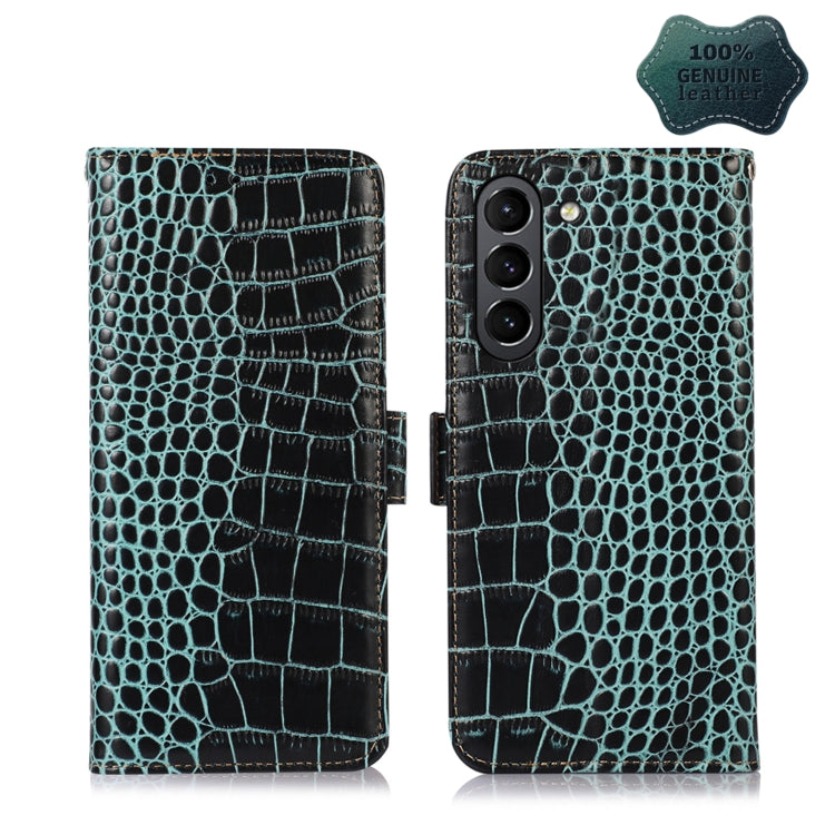 Crocodile-textured leather phone case with flip cover, teal and black, triple camera cutout