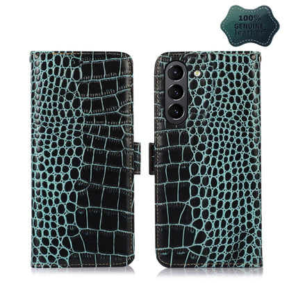 Crocodile-textured leather phone case with flip cover, teal and black, triple camera cutout