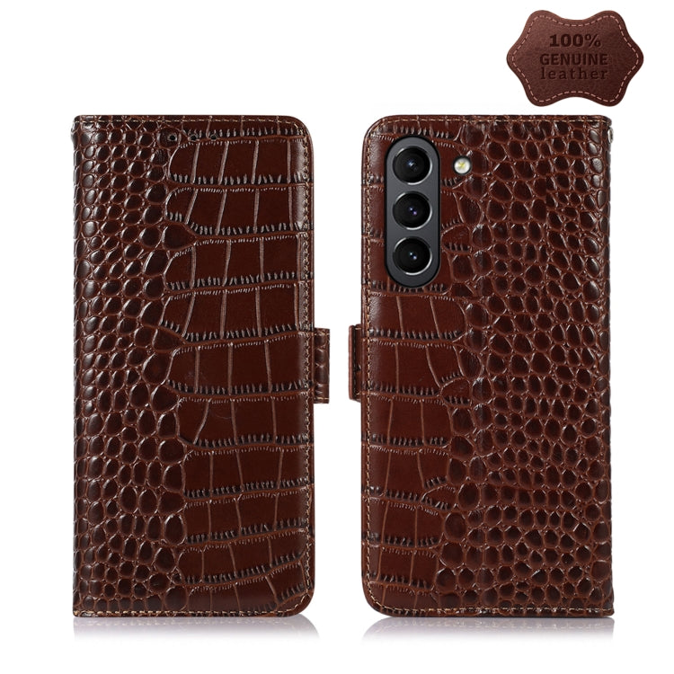 Brown crocodile-embossed leather phone wallet case with magnetic closure and rear camera cutout
