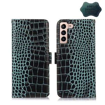 Crocodile-textured leather phone case with flip cover, teal and black, three-lens camera cutout