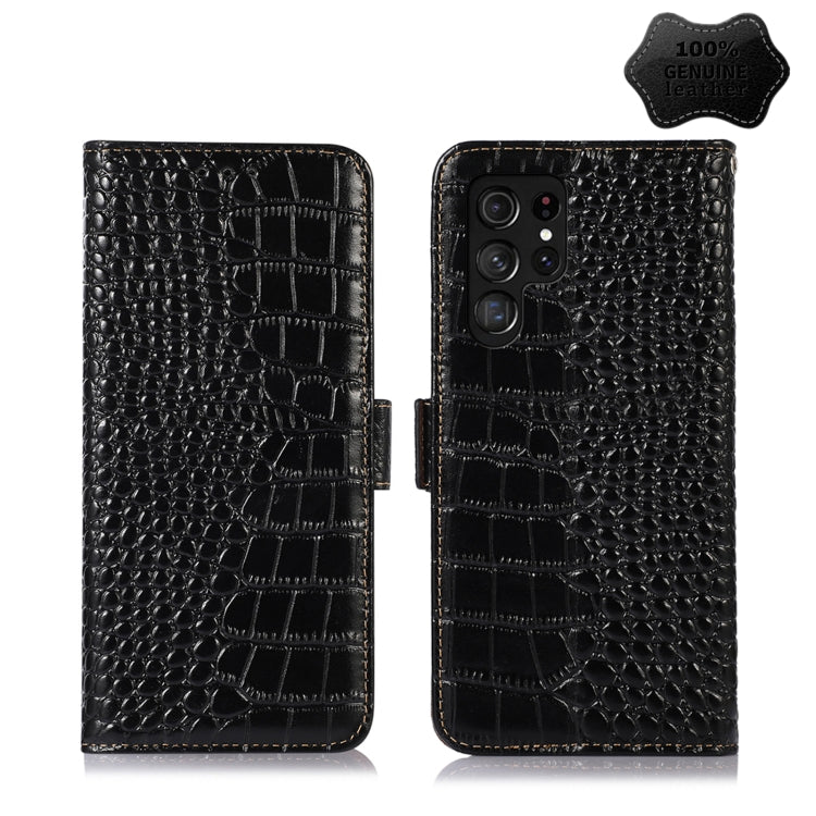 Crocodile-texture leather flip phone case, black, camera cutouts and secure strap