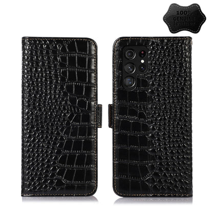 Crocodile-texture leather flip phone case, black, camera cutouts and secure strap