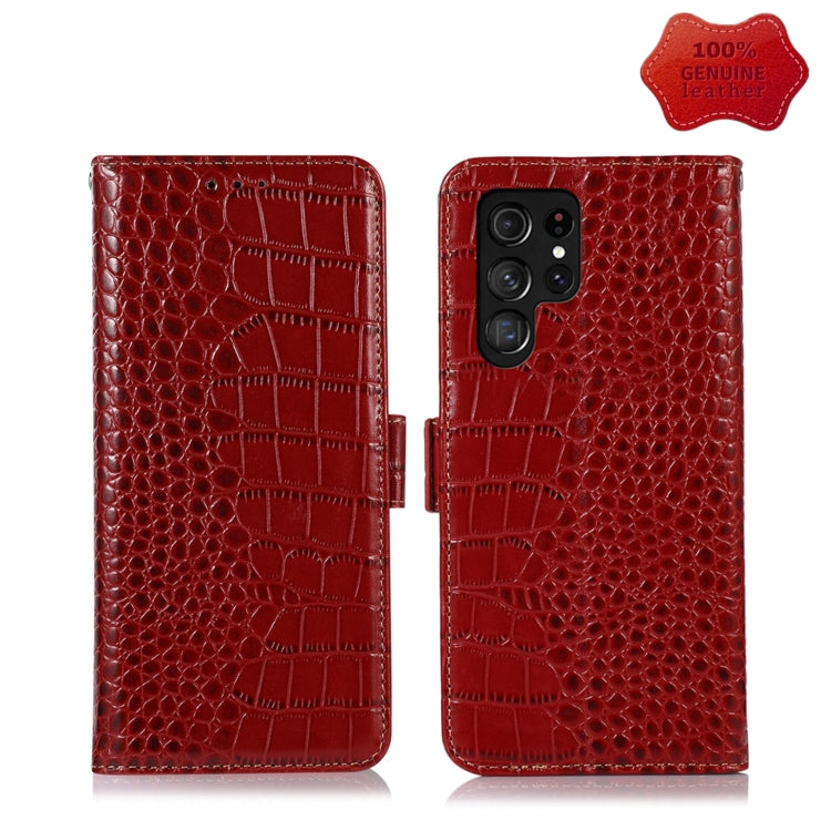 Red crocodile-pattern leather wallet phone case with flip cover and triple camera cutouts