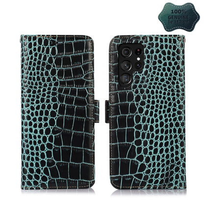 Crocodile-textured leather phone case with flip cover, teal and black, quad camera cutout